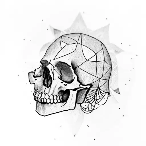skull sitting on ground around trees with a mandala behind the trees tattoo design idea