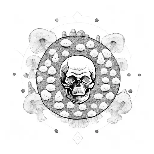 skull with mushrooms sitting on ground around trees with a mandala behind the trees tattoo design idea
