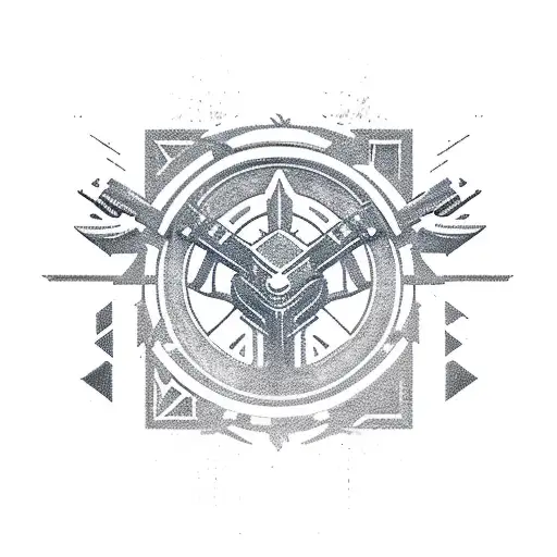 A pixelated version of the Destiny 2 logo, surrounded by various iconic weapons and armor pieces from the game. tattoo design idea