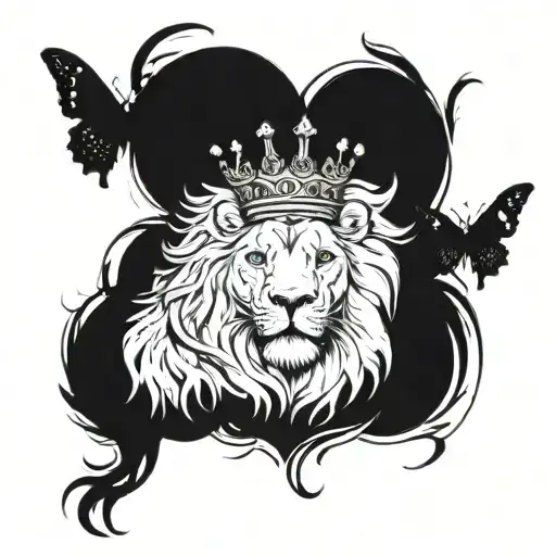 lion surrounded crown, butterfly and angel holding tattoo design idea