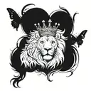 lion surrounded crown, butterfly and angel holding tattoo design idea