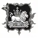 lion surrounded crown, butterfly and angel holding tattoo design idea