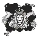 lion surrounded crown, butterfly and angel holding tattoo design idea
