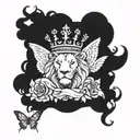 lion surrounded crown, butterfly and angel holding tattoo design idea