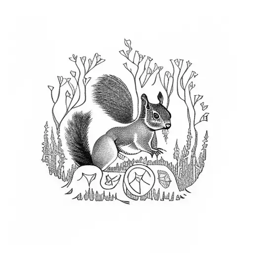 A blackwork tattoo of a squirrel and bird exploring a mossy forest floor tattoo design idea