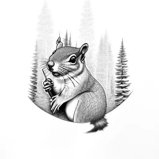 A black-grey tattoo of a serene forest landscape with a hidden squirrel and bird tattoo design idea