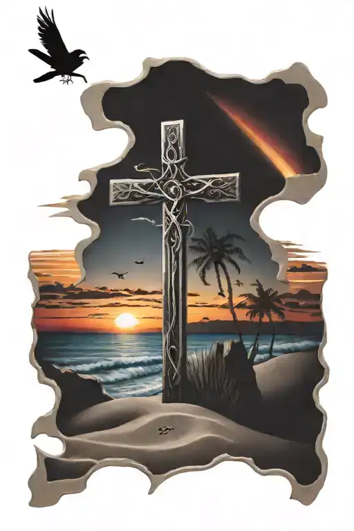 beach sunset with cross and cardinal on cross tattoo tattoo design idea