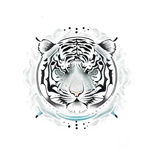 tiger face at top merging into a pool of water with four koi fish all cloured to represent the four elements tattoo design idea