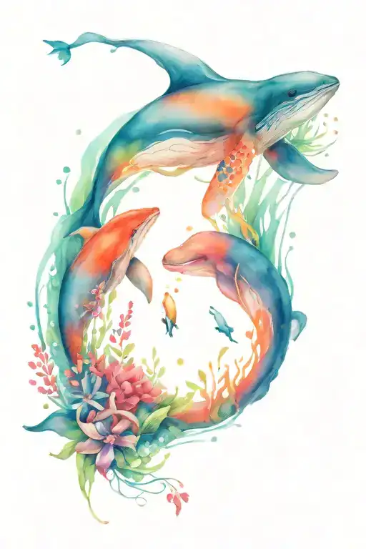 sleeve tattoo under ocean with whales, octopus, turtles, fish & dolphin then rises to surface water with wild flowers tattoo design idea