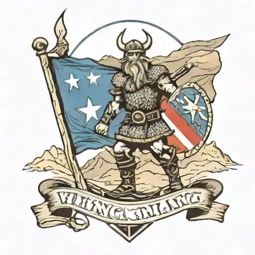 A Viking warrior with a Texas flag shield and mountains in the background tattoo design idea