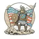A Viking warrior with a Texas flag shield and mountains in the background tattoo design idea