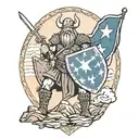 A Viking warrior with a Texas flag shield and mountains in the background tattoo design idea