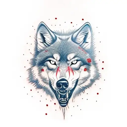 polska tattoo half aggressive wolf with some red bloods on its chin with a red maleficient eye tattoo design idea