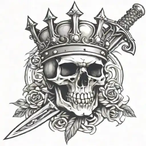 skull with a kings crown and sword tattoo design idea