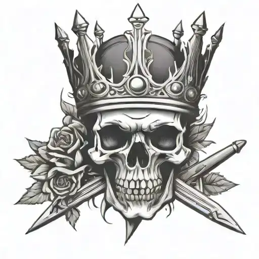 simple  skull with a kings crown and sword tattoo design idea