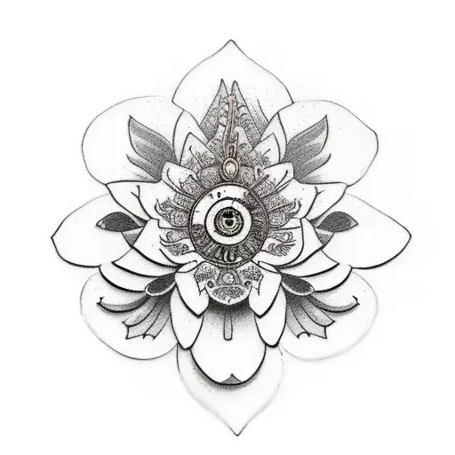 a grandfather style clock, surrounded by wild flowers and a lotus on top tattoo design idea