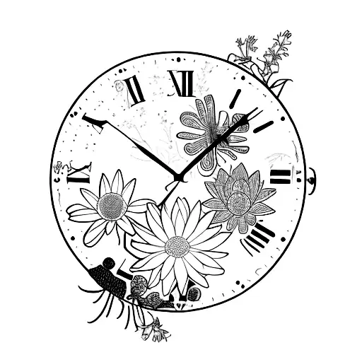 a grandfather style clock, surrounded by wild flowers and a lotus on top tattoo design idea