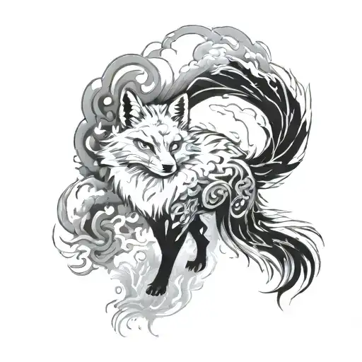 A surreal tattoo of a fox with nine tails surrounded by wisps of smoke in the sky tattoo design idea