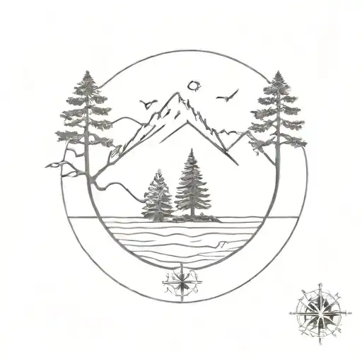 compass sea mountain tree of tattoo design idea