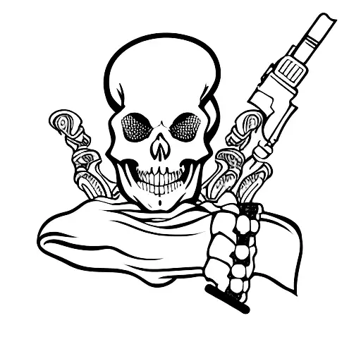 skeleton in ghost sheet holding gun tattoo design idea