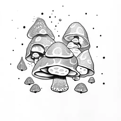A dotwork tattoo of a magical mushroom growing on a vine with intricate geometric patterns tattoo design idea
