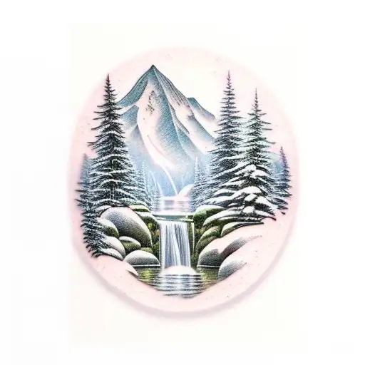 waterfall, forest, mountains in the background tattoo design idea