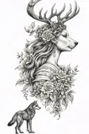  the Greek Goddess, Artemis as the main focus with a wolf and a stag and some floral in the background to balance it all tattoo design idea