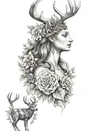  the Greek Goddess, Artemis as the main focus with a wolf and a stag and some floral in the background to balance it all tattoo design idea