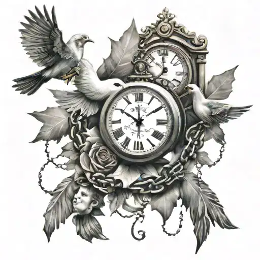 Bible verse on paper with thorns around 3d face under chains or falling cards  with clock on top with some filler  Doves tattoo design idea