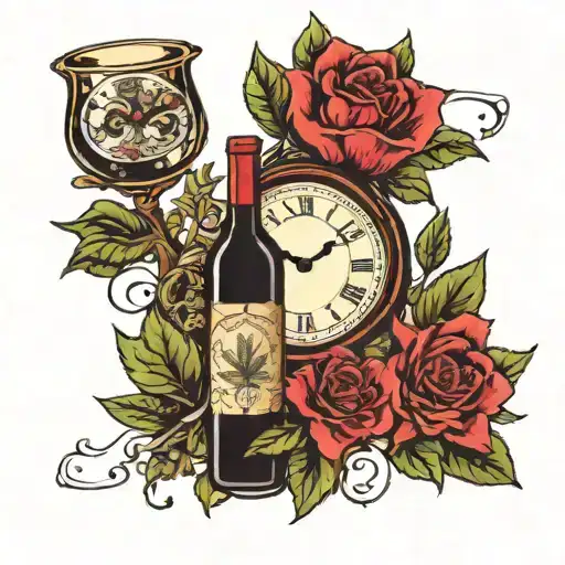 Weed bud and flowers and a big clock with wines  tattoo design idea