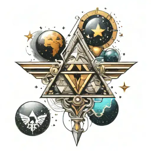 Zelda triforce with fine lines. stars and planets.  tattoo design idea