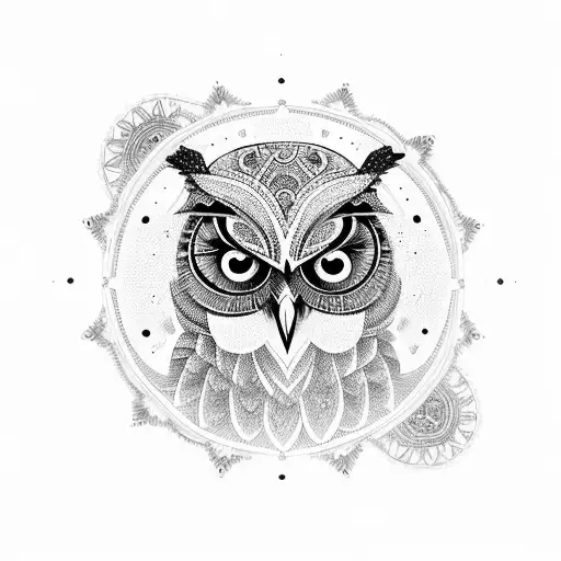 A mesmerizing mandala design, incorporating elements of wisdom and global learning, with an owl perched at its center tattoo design idea