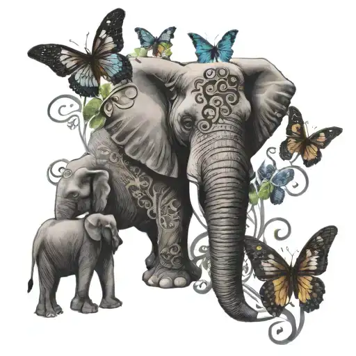 elephants trunks raised in front with butterflies hearts and music notes with ambigram word for Queen of Strength tattoo design idea