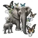 elephants trunks raised in front with butterflies hearts and music notes with ambigram word for Queen of Strength tattoo design idea