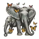 elephants trunks raised in front with butterflies hearts and music notes with ambigram word for Queen of Strength tattoo design idea