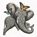 elephants trunks raised in front with butterflies hearts and music notes with ambigram word for Queen of Strength tattoo design idea
