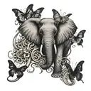 elephants trunks raised in front with butterflies hearts and music notes with ambigram word for Queen of Strength tattoo design idea