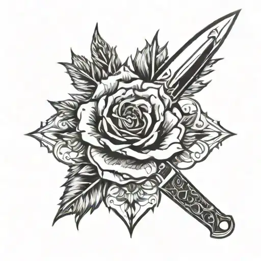 Hunter knife with woman face reflection,  roses spikes tattoo design idea