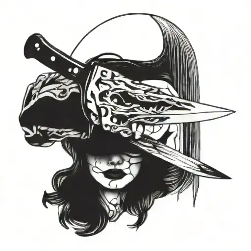 knife with woman reflection on it  tattoo design idea