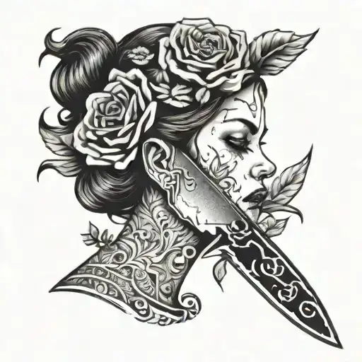 knife with woman face on it, no background  tattoo design idea