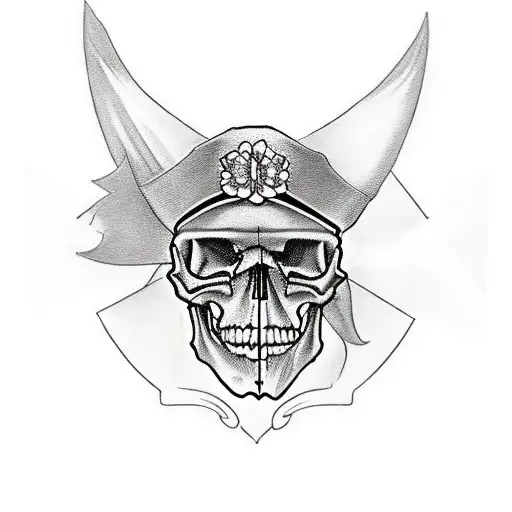 half of the left side is a skull with a black hood, a black top hat with a white ribbon and a dagger, on the right side  tattoo design idea