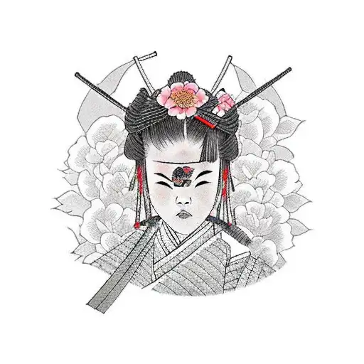  female Samurai with flowers tattoo design idea