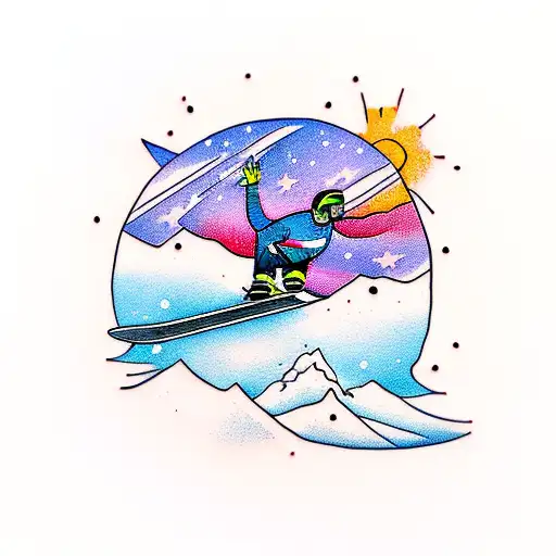 A snowboarder jumping over a mountain peak with a vibrant sunset sky tattoo design idea