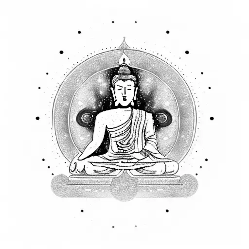 A serene meditating Buddha surrounded by swirling galaxies, symbolizing the connection between inner peace and the vastness of the cosmos tattoo design idea