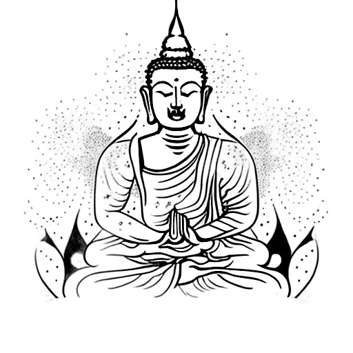A serene meditating Buddha surrounded by swirling galaxies, symbolizing the connection between inner peace and the vastness of the cosmos tattoo design idea