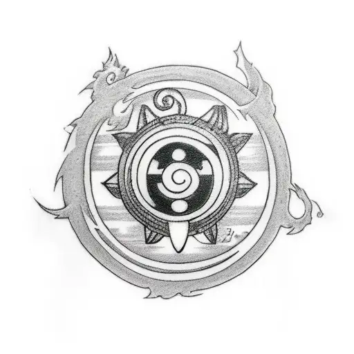 A traditional style tattoo of the DragonBall, Naruto, and One Piece logos combined together tattoo design idea