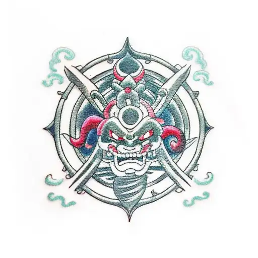 A traditional style tattoo of Shenron from DragonBall, Kurama from Naruto, and the Straw Hat Pirates emblem from One Piece intertwined in a mesmerizing pattern tattoo design idea