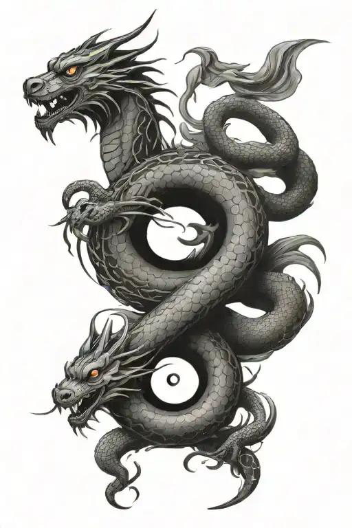 dragon with snake and panther and yin and yang sign tattoo design idea