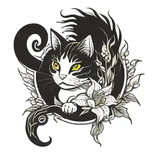 cat with Japanese lilies on fire tattoo design idea