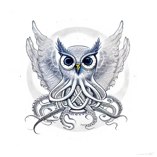 An owl, fighting an octopus with a seraphim in the background, well-defined and with ethereal elements tattoo design idea